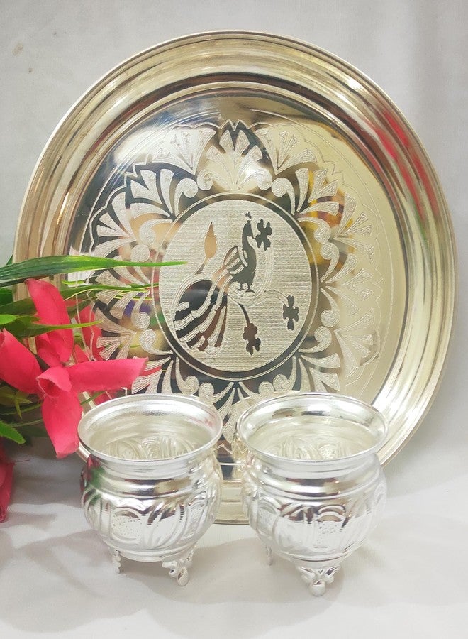 Samukkara Fashions German Silver Sindoor Bowls with Stand Laser Flower Design Plate 8 Inch (Pack of 3)/ kumkum Box/Welcome Set/Chandal Bowl/Haldi and kumkum Bowl - Image 3