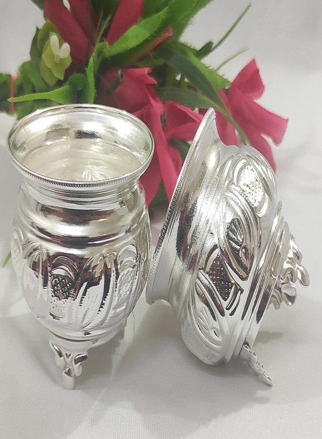 Samukkara Fashions German Silver Sindoor Bowls with Stand Laser Flower Design Plate 8 Inch (Pack of 3)/ kumkum Box/Welcome Set/Chandal Bowl/Haldi and kumkum Bowl - Image 4