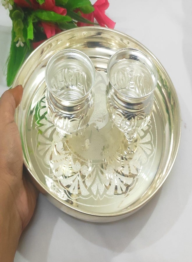 Samukkara Fashions German Silver Sindoor Bowls with Stand Laser Flower Design Plate 8 Inch (Pack of 3)/ kumkum Box/Welcome Set/Chandal Bowl/Haldi and kumkum Bowl - Image 1