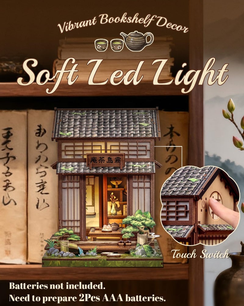 Cutefun Book Nook Kit - DIY Miniature Dollhouse Kit for Adults, Teens and Beginners, Japanese Tea Room Booknook Tiny House Bookshelf Decor 3D Wooden Puzzles, Gifts for Friends and Family (Tea House) - Image 3