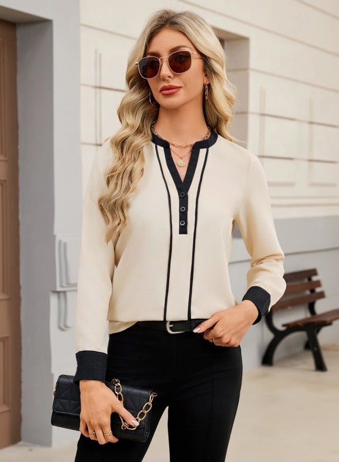 UEAL Womens Dressy Business Casual Blouses Long Sleeve V Neck Button Down Work Tops Shirts 2025 Fall Clothes, Khaki, L - Image 2