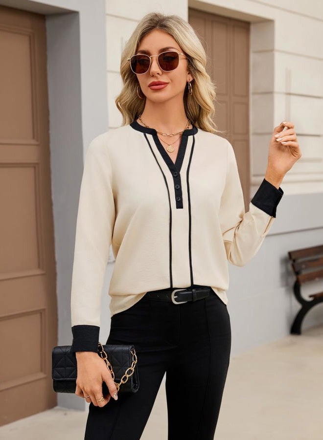 UEAL Womens Dressy Business Casual Blouses Long Sleeve V Neck Button Down Work Tops Shirts 2025 Fall Clothes, Khaki, L - Image 4