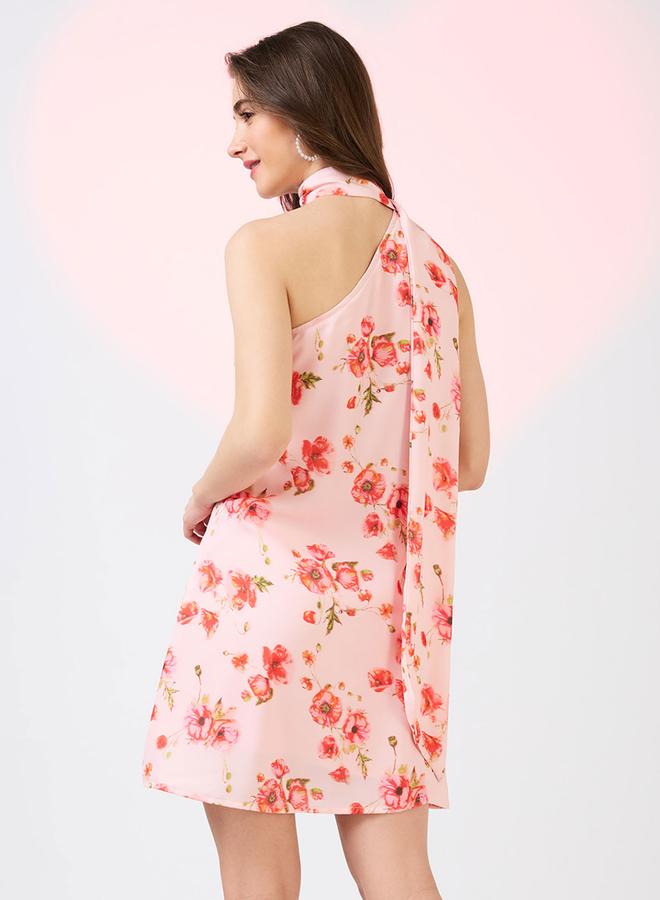 globus Pink Scarf Drape One Shoulder Floral Print Mini Dress - Image 3