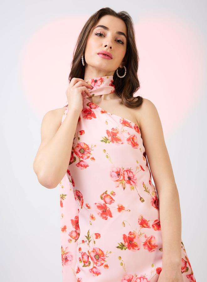 globus Pink Scarf Drape One Shoulder Floral Print Mini Dress - Image 5