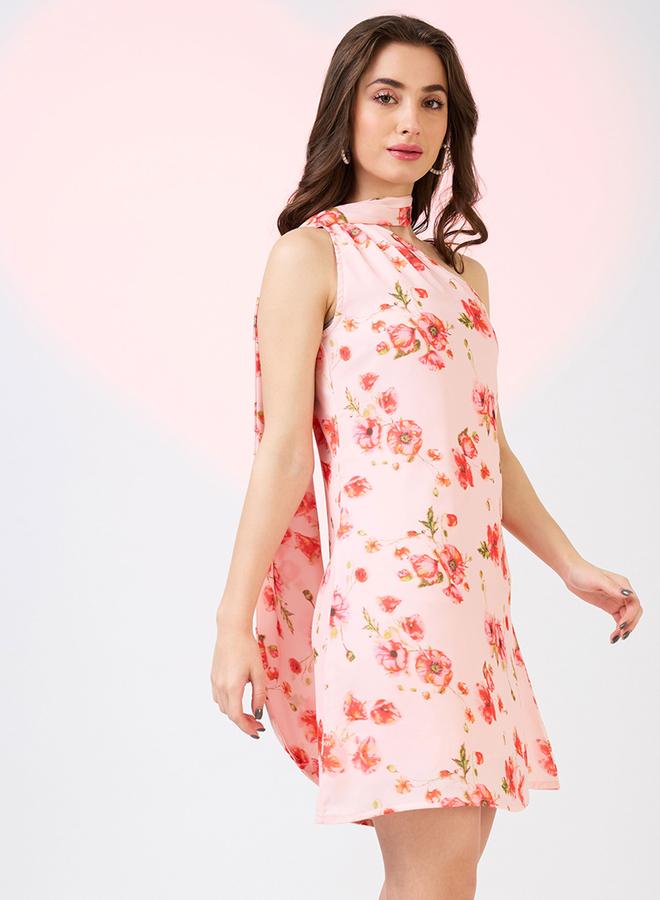 globus Pink Scarf Drape One Shoulder Floral Print Mini Dress - Image 2
