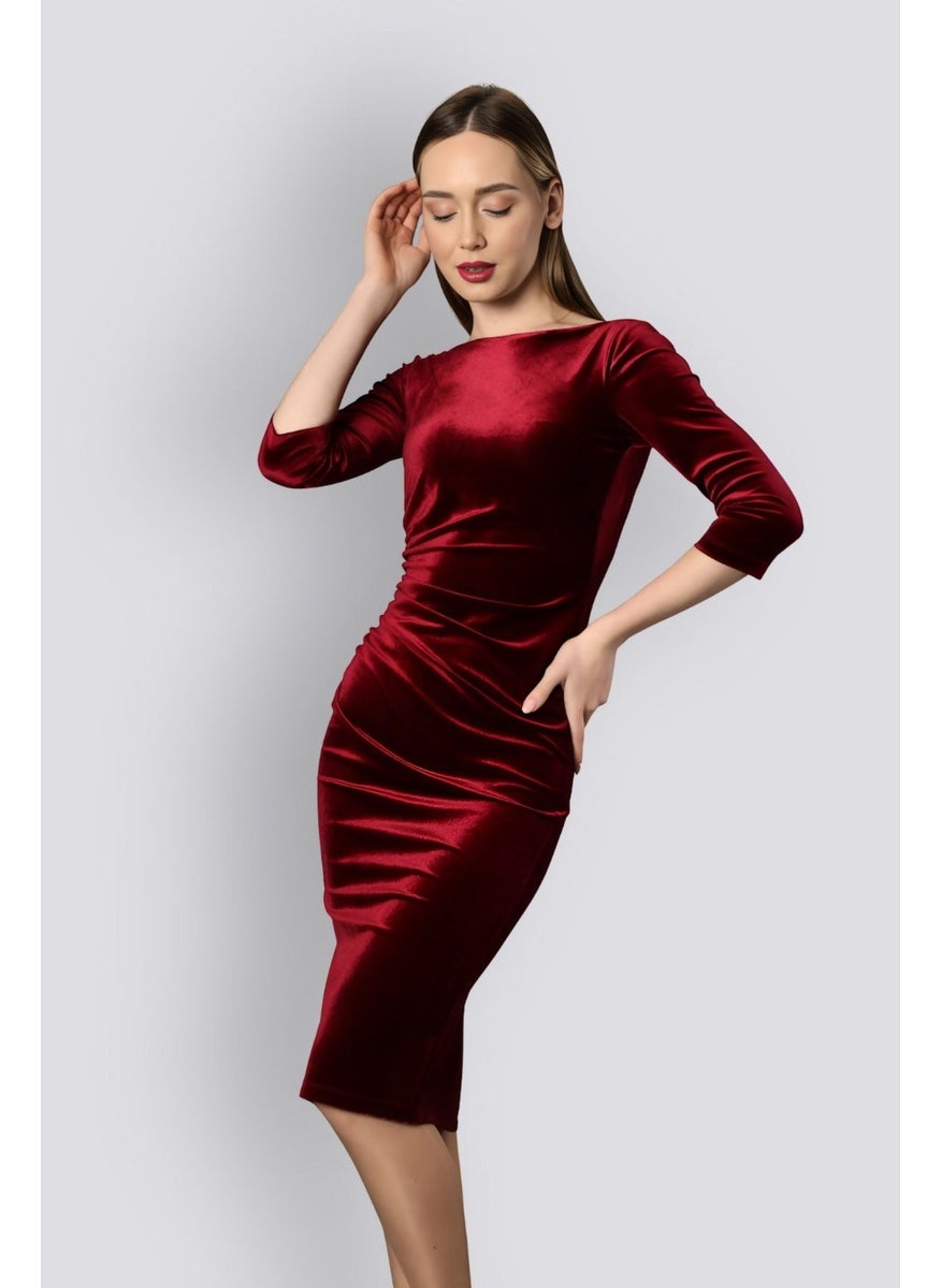 HOX'S Monroe | Velvet Midi Pencil Dress Boat Neck Draped Waist - Claret Red  - Image 1