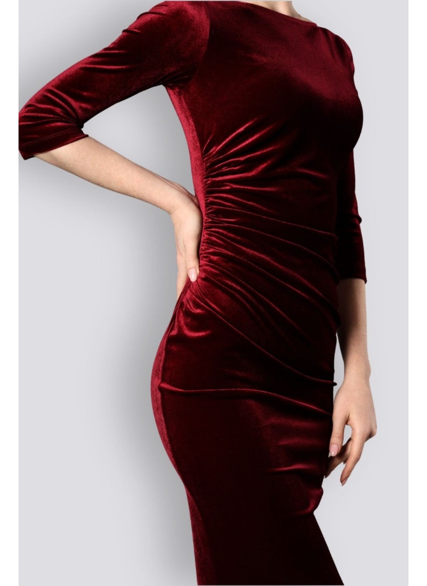HOX'S Monroe | Velvet Midi Pencil Dress Boat Neck Draped Waist - Claret Red  - Image 4