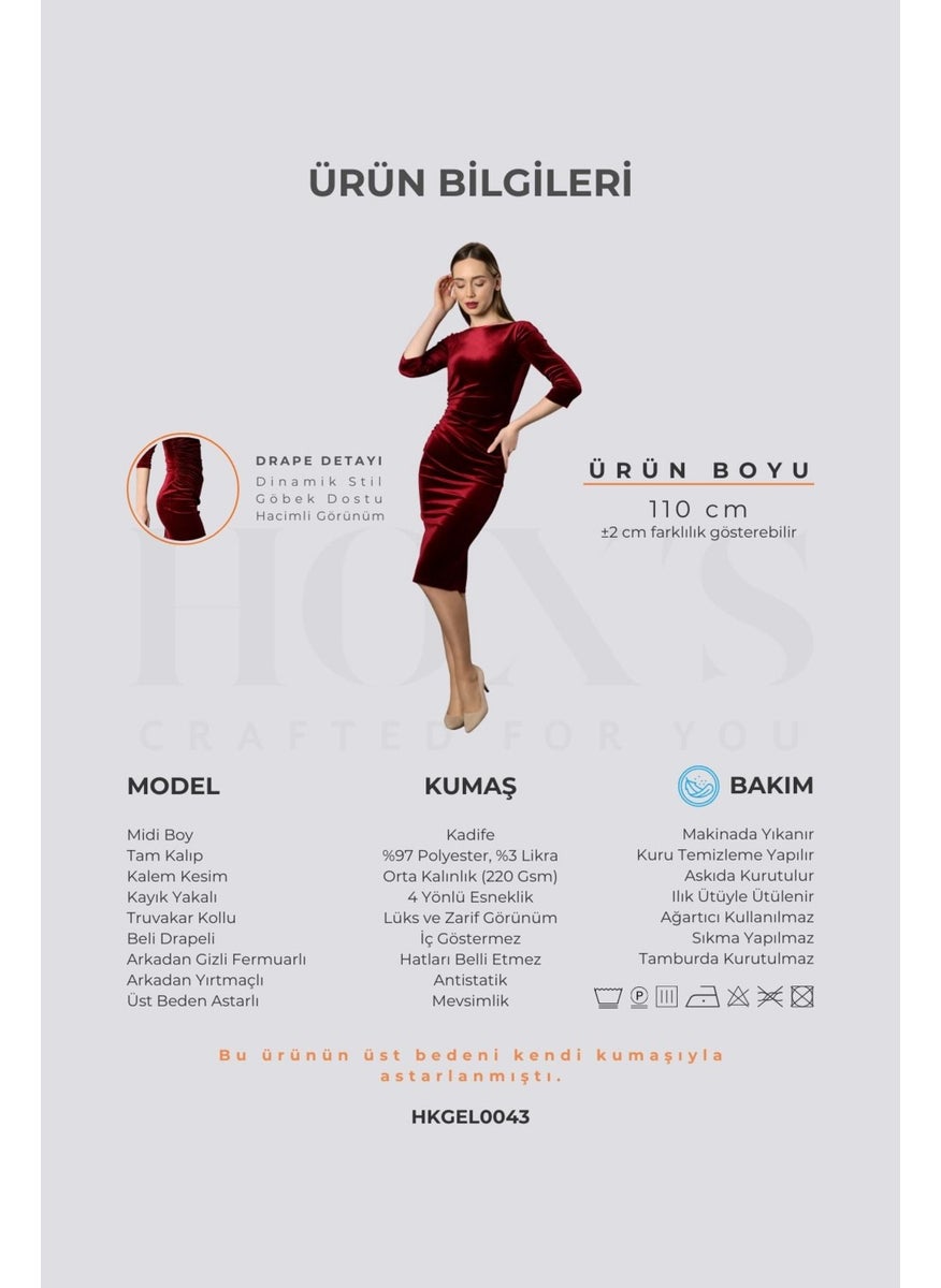 HOX'S Monroe | Velvet Midi Pencil Dress Boat Neck Draped Waist - Claret Red  - Image 2