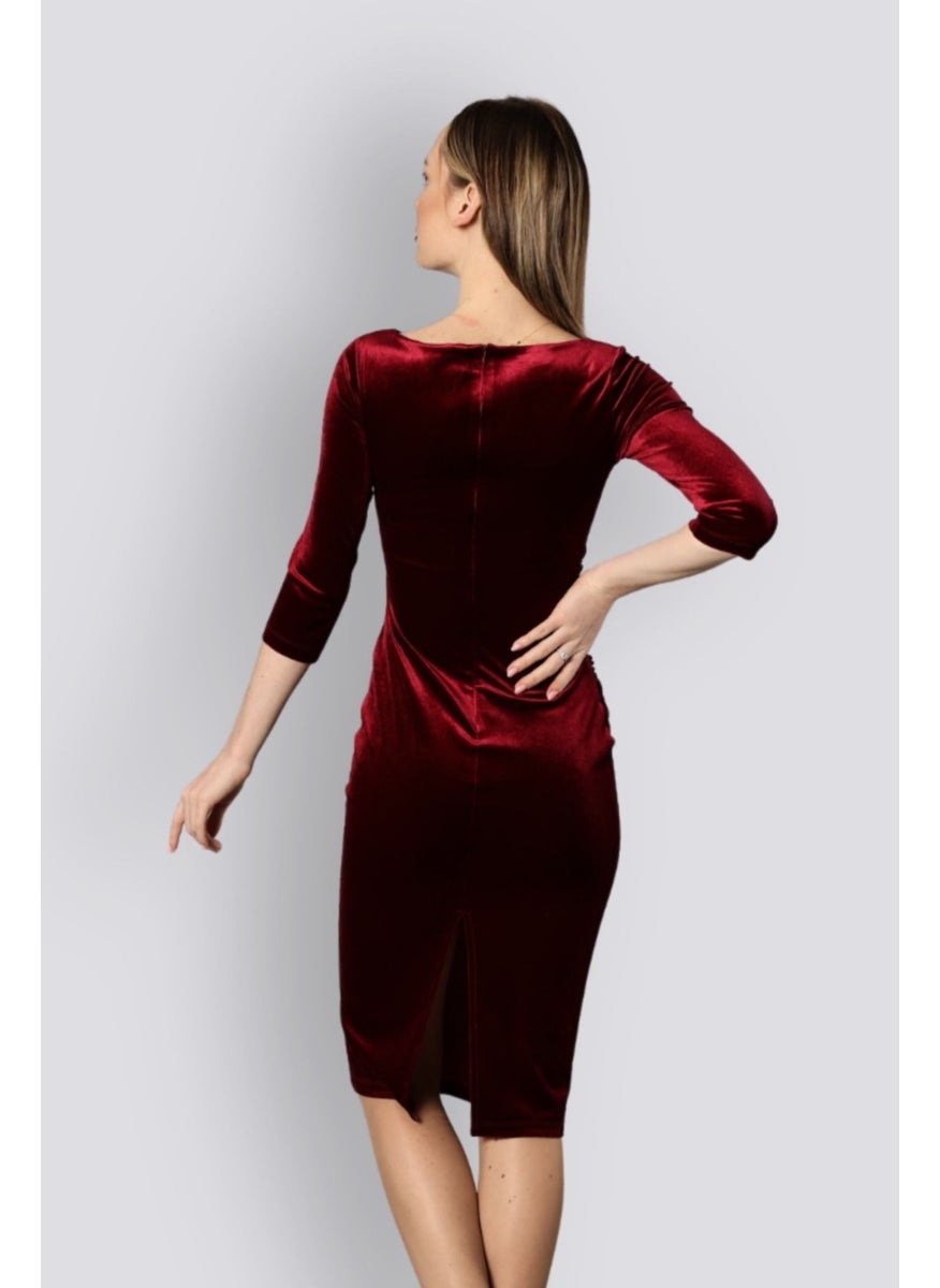 HOX'S Monroe | Velvet Midi Pencil Dress Boat Neck Draped Waist - Claret Red  - Image 5