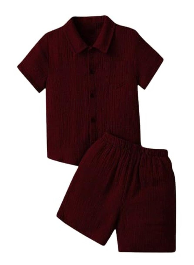 ocvito Age 1-7 T Toddler Baby Boy Outfits Shorts Sleeve plan Shirts + Shorts Clothing Set-1 (Maroon, 1-2Y) - Image 1