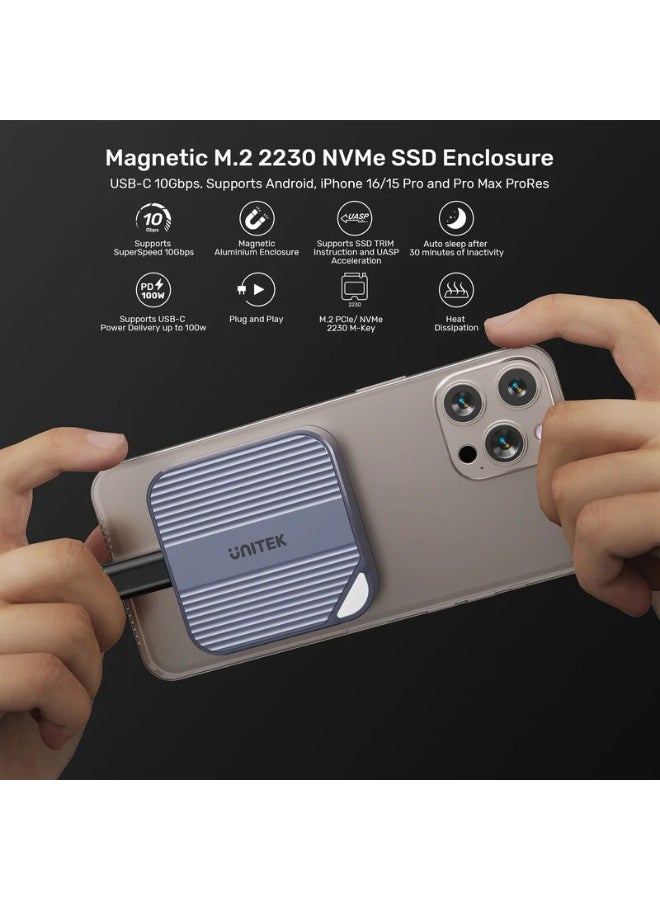 UNITEK Magnetic M.2 2230 NVMe SSD Enclosure, USB-C 10Gbps External SSD Case for iPhone 17/16/15 Pro, Android, Laptop & PC, Tool-Free Magnetic Aluminum Portable SSD Adapter for Steam Deck / ROG Ally | S1244AGY01 - Image 3