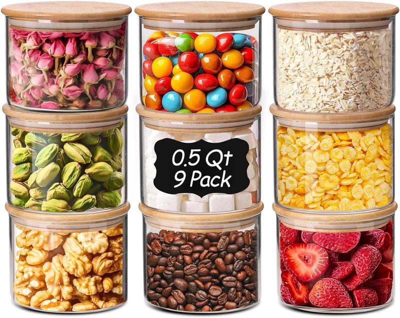 ComSaf 0.5 Qt Glass Food Storage Jars Set of 9, Clear Glass Storage Containers with Lids, Pantry Organization Jar, Spice, Salt, Blooming Tea, Coffee, Oat and Sugar Container, Small jar Set for Kitchen - Image 1