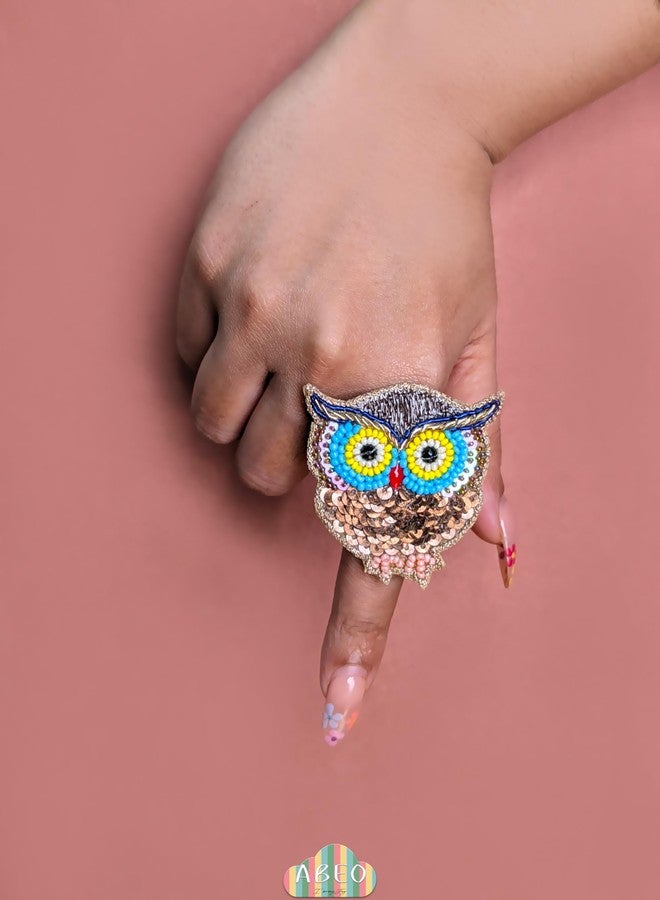 ABEO Handcrafted Beaded Owl Ring, Golden with Blue and Yellow, 2.5 cm x 3.3 cm, 25g - Image 2