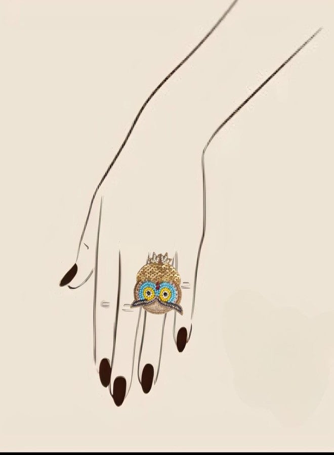 ABEO Handcrafted Beaded Owl Ring, Golden with Blue and Yellow, 2.5 cm x 3.3 cm, 25g - Image 4