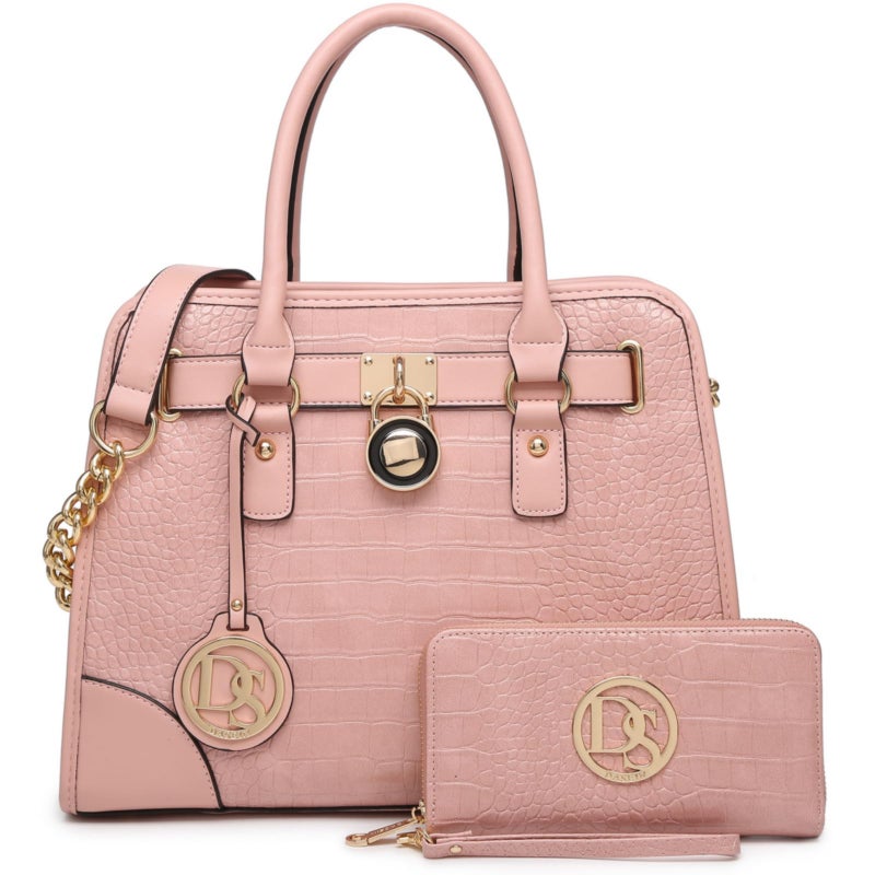 Dasein Women Handbags Top Handle Satchel Purse Shoulder Bag Hobo Bag Work Bag Set 2pcs Croco Pink