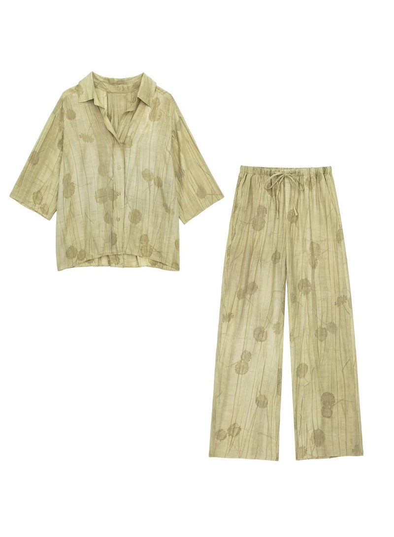 Shougu Loose Shirt Jacquard Casual Straight Leg Pants Set - Image 1