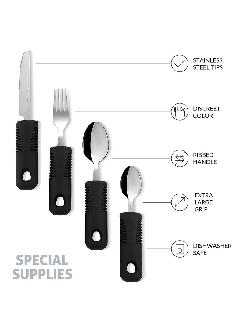 Zikra Extra Wide Handles Easy Grip Cutlery Set Chunky Handles Comfort Grips Disability Ideal Dining aid for Elderly Disabled Arthritis Parkinsons Disease Tremors Sufferers 4PCS Black - Image 2