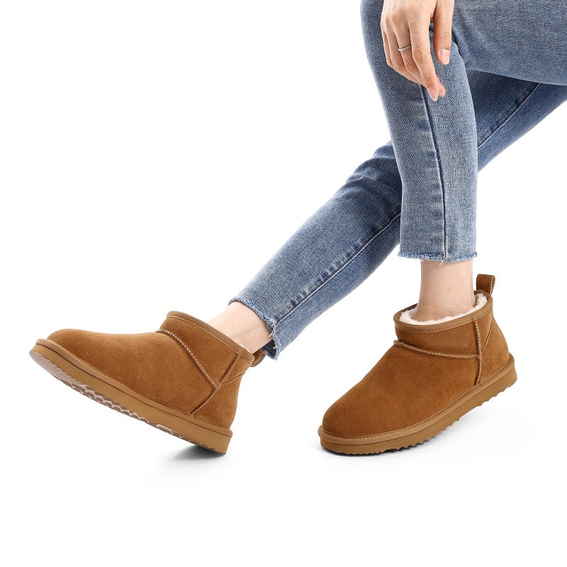 bebealy Genuine Suede Mini Boots for Women Winter Fuzzy Snow Boots Short Ankle Boot with Fur Lined, Chestnut EU 39 - Image 2