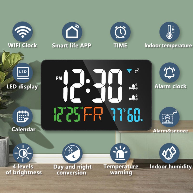 ساعة ذكية مزودة بمراقب لدرجة الحرارة والرطوبة - ساعة تقويم مكتبية بشاشة LED كبيرة للمنزل والمكتب والمستودع والصوبة الزراعية - Image 4