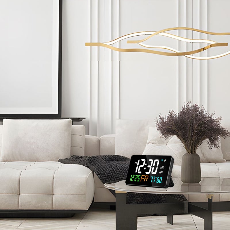 ساعة ذكية مزودة بمراقب لدرجة الحرارة والرطوبة - ساعة تقويم مكتبية بشاشة LED كبيرة للمنزل والمكتب والمستودع والصوبة الزراعية - Image 2