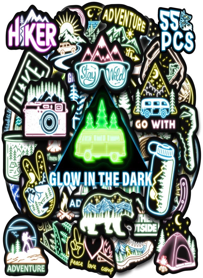 Robmoda Neon Outdoor Hiking Camping Adventure Stickers for Water Bottle Glow in The Dark, 50 Pcs Wilderness Nature Waterproof Vinyl Laptop Decals - Image 1