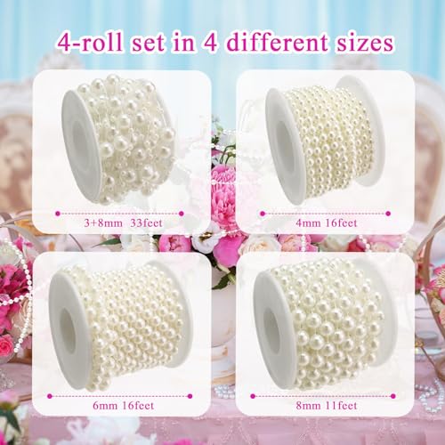 Towenm 4 Rolls 76 Feet Pearls String Garland, Faux Pearl Beads Roll Strand for Crafts, Artificial Pearls Chain Trim for Wedding Party Flower Valentine Christmas Decoration, 4mm 6mm 8mm 8+3mm, Ivory - Image 3