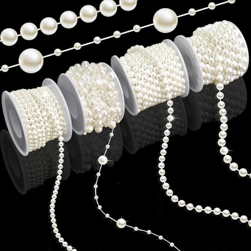 Towenm 4 Rolls 76 Feet Pearls String Garland, Faux Pearl Beads Roll Strand for Crafts, Artificial Pearls Chain Trim for Wedding Party Flower Valentine Christmas Decoration, 4mm 6mm 8mm 8+3mm, Ivory - Image 1