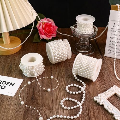 Towenm 4 Rolls 76 Feet Pearls String Garland, Faux Pearl Beads Roll Strand for Crafts, Artificial Pearls Chain Trim for Wedding Party Flower Valentine Christmas Decoration, 4mm 6mm 8mm 8+3mm, Ivory - Image 2