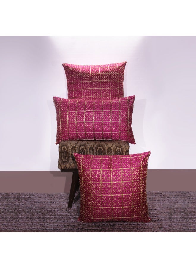 BYFT Orchard Cushion Cover 12 x 20 inch (Golden Checks Design - Fuchsia Pink) 30 x 50 cm Luxury Decorative Cushion Cover for Sofa, Bed & Living Room- Set of 2 without inserts - Image 1