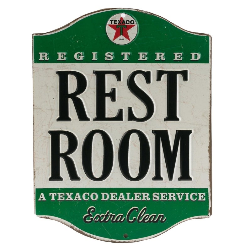 Open Road Brands Texaco Restroom Embossed Metal Sign  Vintage Texaco Restroom Sign for Bathroom  Registered and Extra Clean