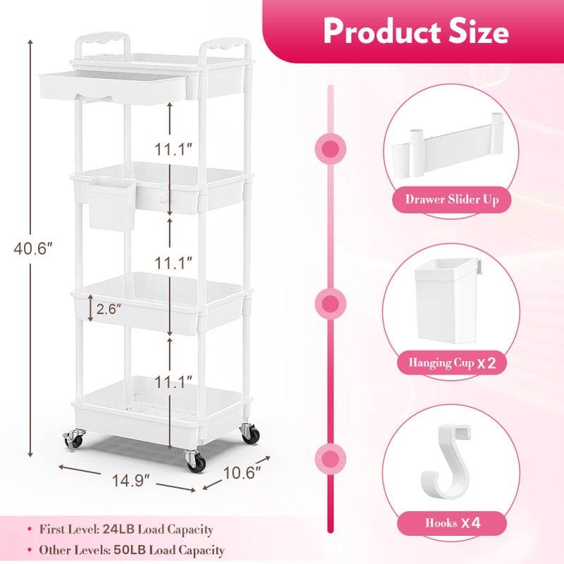 SUNALLY Makeup Cart Organizer with Drawers, 4 Tier Floor Skincare Organizers for Vanity, Rolling Makeup Bathroom Storage Cart Cosmetics Display Cases for Skin Care Perfume Nail Polish, White - Image 2
