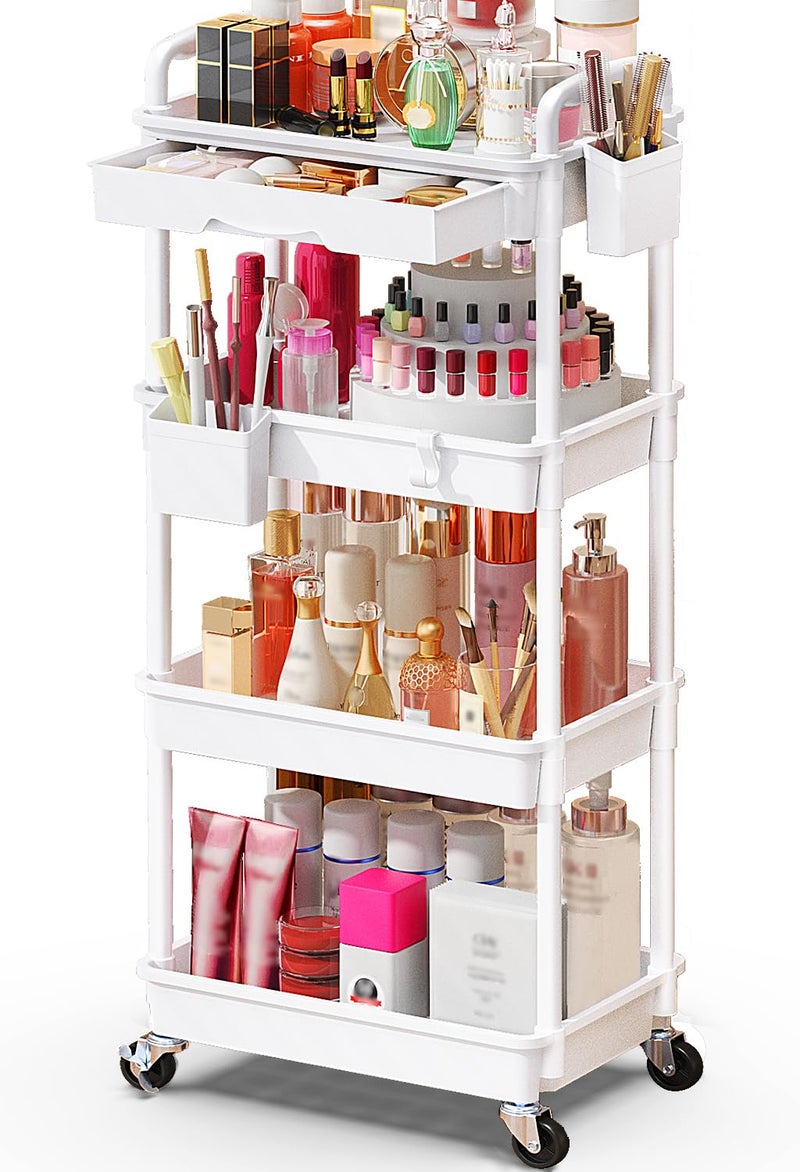 SUNALLY Makeup Cart Organizer with Drawers, 4 Tier Floor Skincare Organizers for Vanity, Rolling Makeup Bathroom Storage Cart Cosmetics Display Cases for Skin Care Perfume Nail Polish, White - Image 1