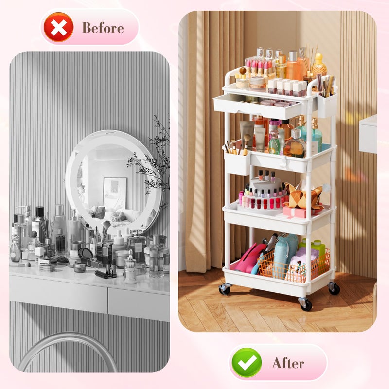 SUNALLY Makeup Cart Organizer with Drawers, 4 Tier Floor Skincare Organizers for Vanity, Rolling Makeup Bathroom Storage Cart Cosmetics Display Cases for Skin Care Perfume Nail Polish, White - Image 4