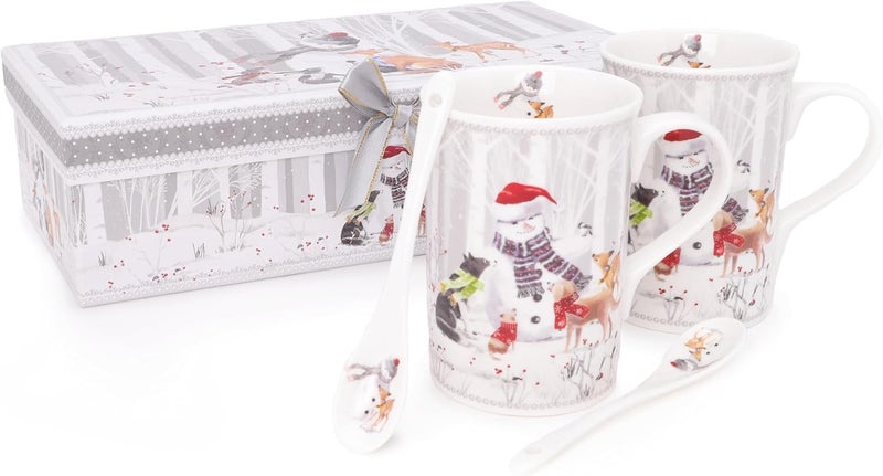 Christmas Concepts مجموعة أدوات المائدة الفاخرة من كريسماس كونسيبتس - أصدقاء رجل الثلج - مجموعة من 2 كوب سيراميك سعة 10 أونصات - ملاعق مع صندوق هدايا مزخرف متطابق - Image 1
