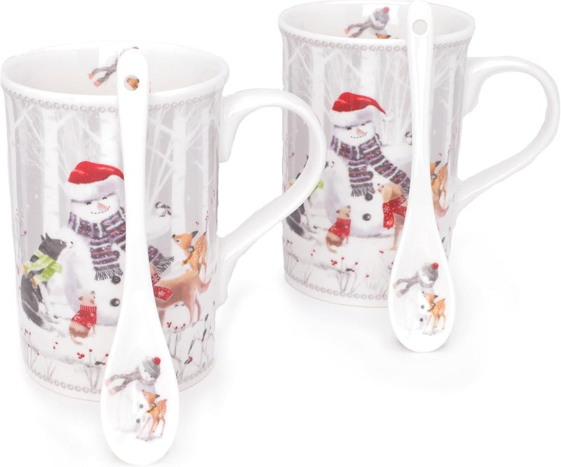 Christmas Concepts مجموعة أدوات المائدة الفاخرة من كريسماس كونسيبتس - أصدقاء رجل الثلج - مجموعة من 2 كوب سيراميك سعة 10 أونصات - ملاعق مع صندوق هدايا مزخرف متطابق - Image 2