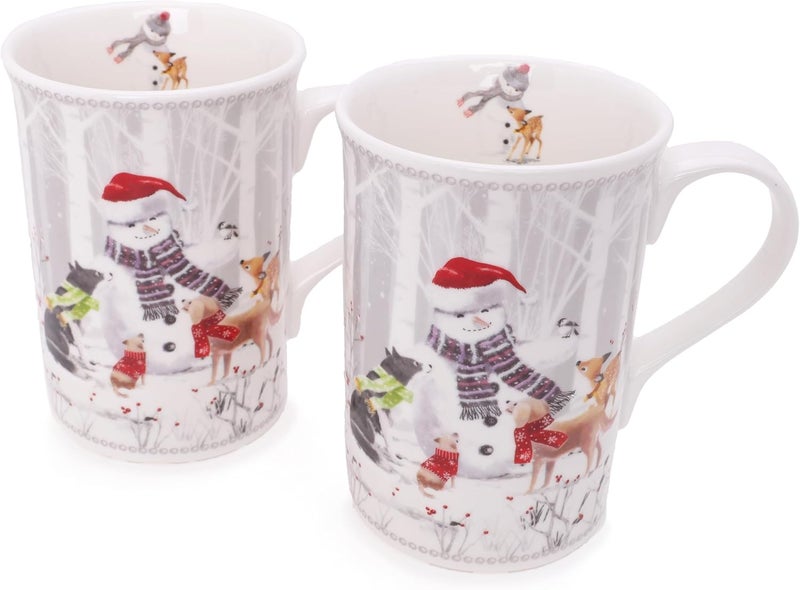 Christmas Concepts مجموعة أدوات المائدة الفاخرة من كريسماس كونسيبتس - أصدقاء رجل الثلج - مجموعة من 2 كوب سيراميك سعة 10 أونصات - ملاعق مع صندوق هدايا مزخرف متطابق - Image 3