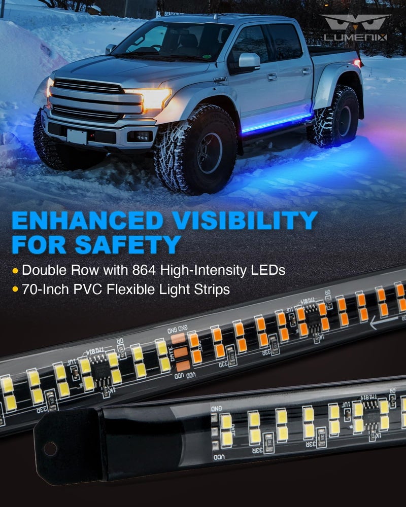 Lumenix 2PCS 70 بوصة أضواء الطوارئ القوية قطاع LED تشغيل المجلس أضواء مرنة شريط وامض تحذير خطر السلامة ضوء الجانب لأول المستجيب المركبات الشاحنات التقاط رجال الاطفاء الشرطة - الأزرق - Image 2