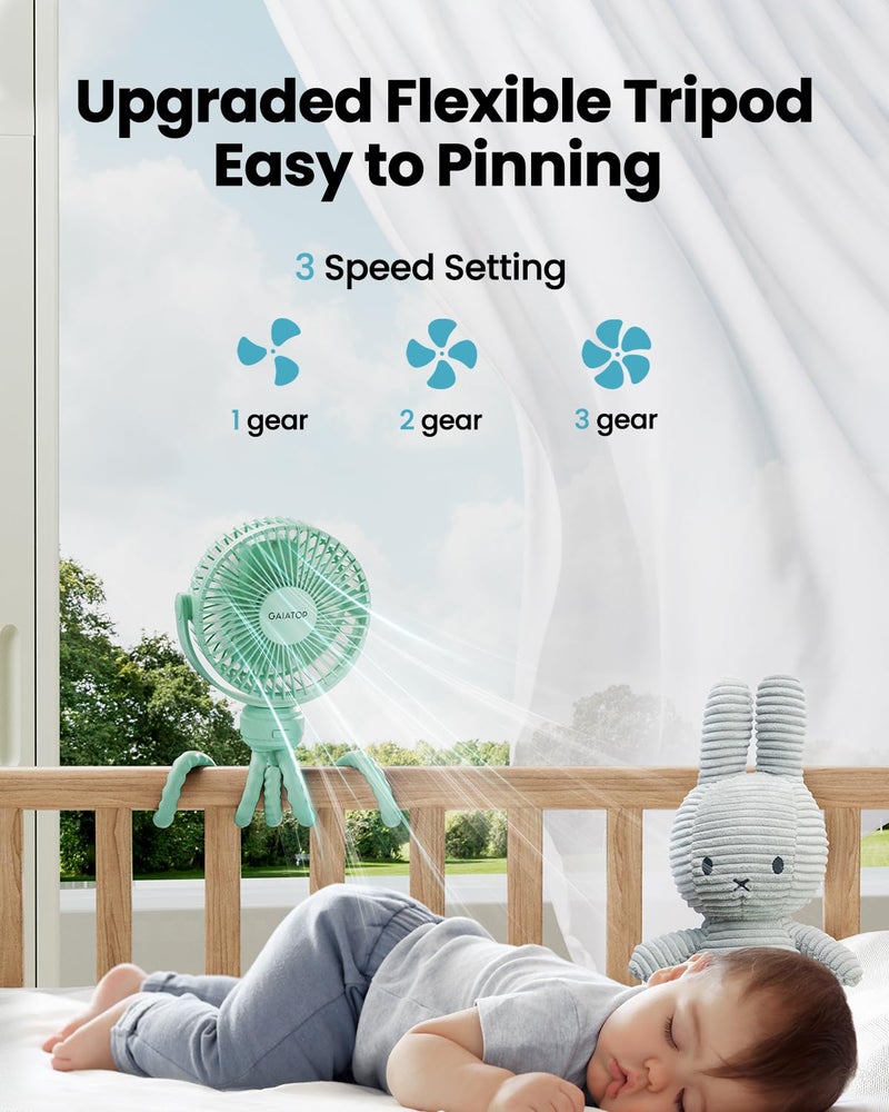 Gaiatop Mini Portable Stroller Fan, Battery Operated Small Clip on, Detachable 3 Speed Rechargeable, 360Â° Rotate Flexible Tripod Better Cooling for Car Seat Crib Treadmill Travel Green - Image 3