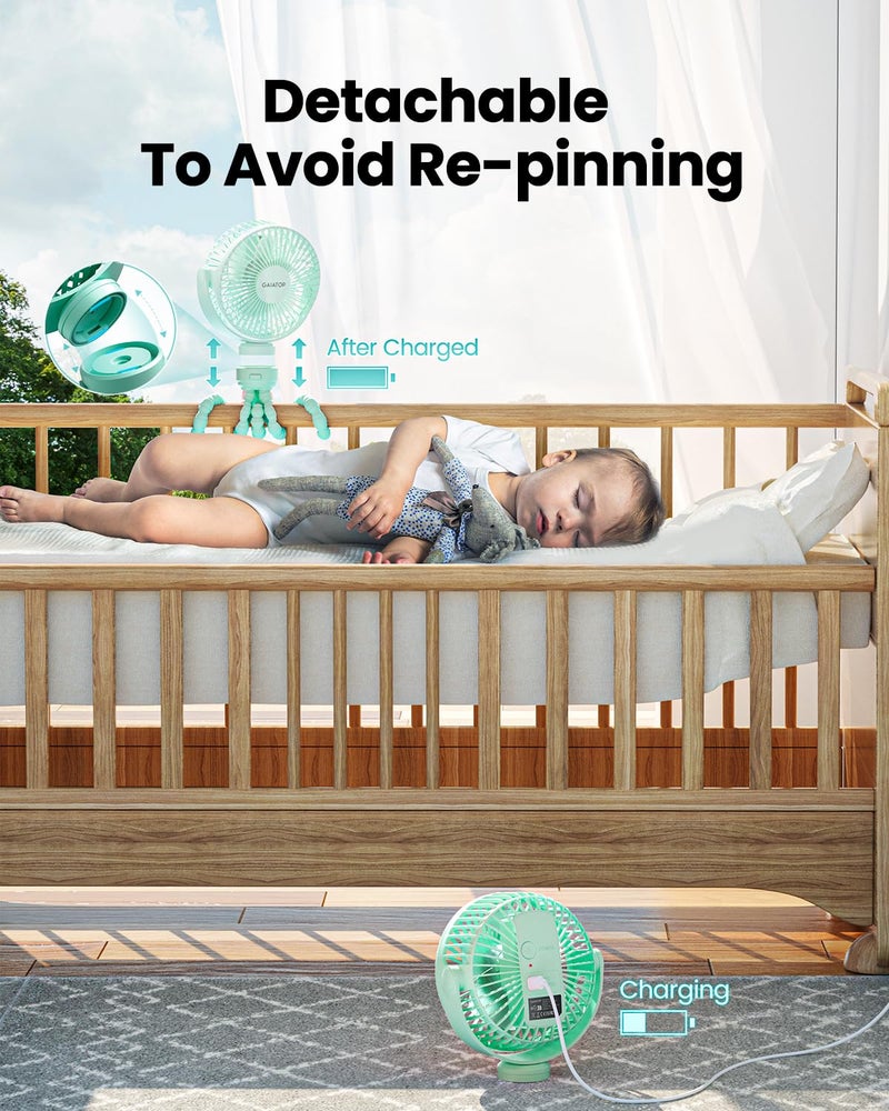 Gaiatop Mini Portable Stroller Fan, Battery Operated Small Clip on, Detachable 3 Speed Rechargeable, 360Â° Rotate Flexible Tripod Better Cooling for Car Seat Crib Treadmill Travel Green - Image 4