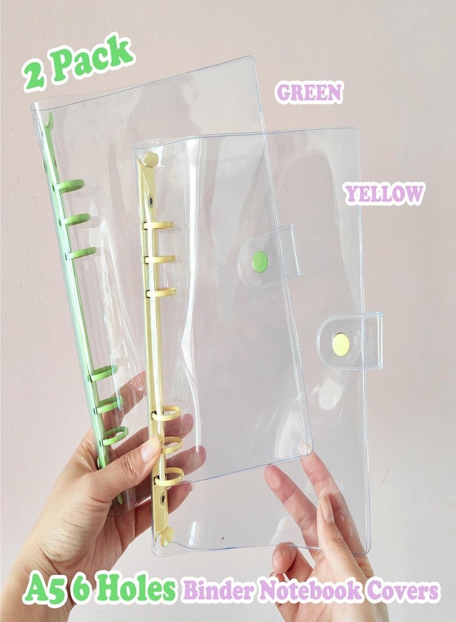 DY.2ten Pack of 2 Transparent Soft PVC 6-Ring Binder Cover with Snap Button Closure for 6 Hole Planner Pages Refill Insert (A5, Clear Cover + Yellow/Green Binder) - Image 3