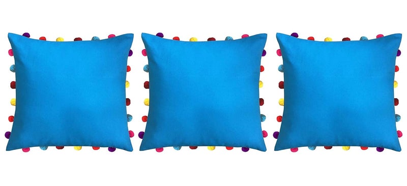 Lushomes Cushion Cover 18x18 Boho Cushion Covers Sofa Pillow Cover Cushion Covers with Tassels Cushion Cover with pom pom 18x18 Inches Set of 3 Blue - Image 1