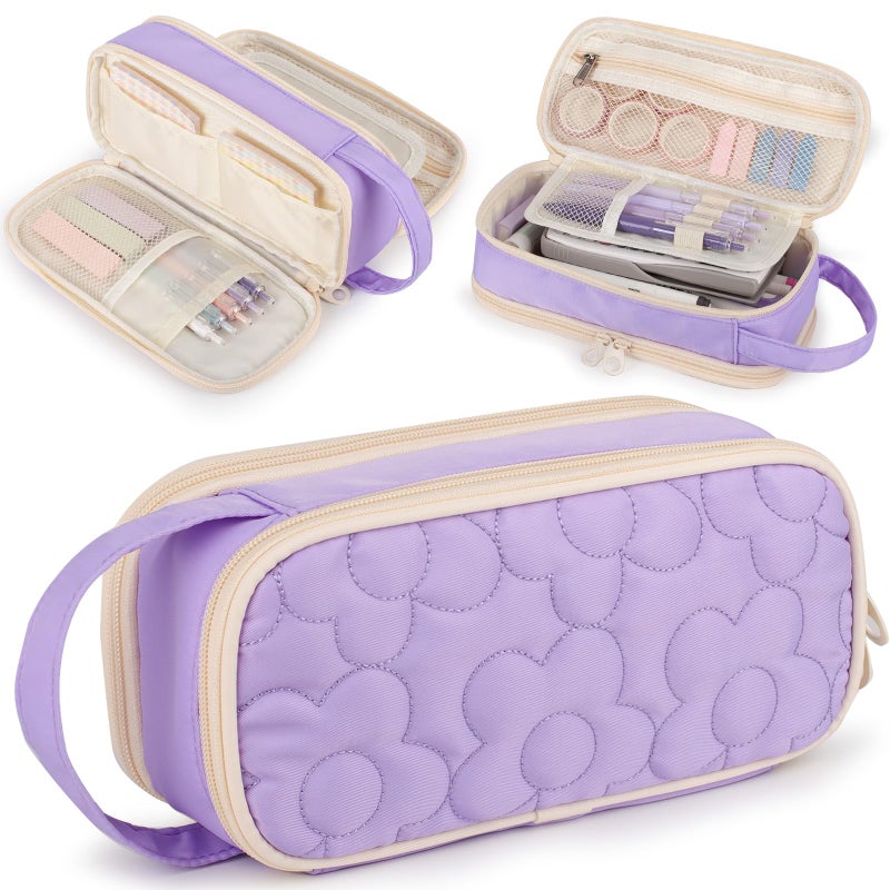 Bunnychill Pencil Case For GirlsFlower Quilted Large Capacity Pencil Pouch With 2 Compartment Zipper Pencil Bag With Handle Women Soft Pencil Box For Middle School Office College