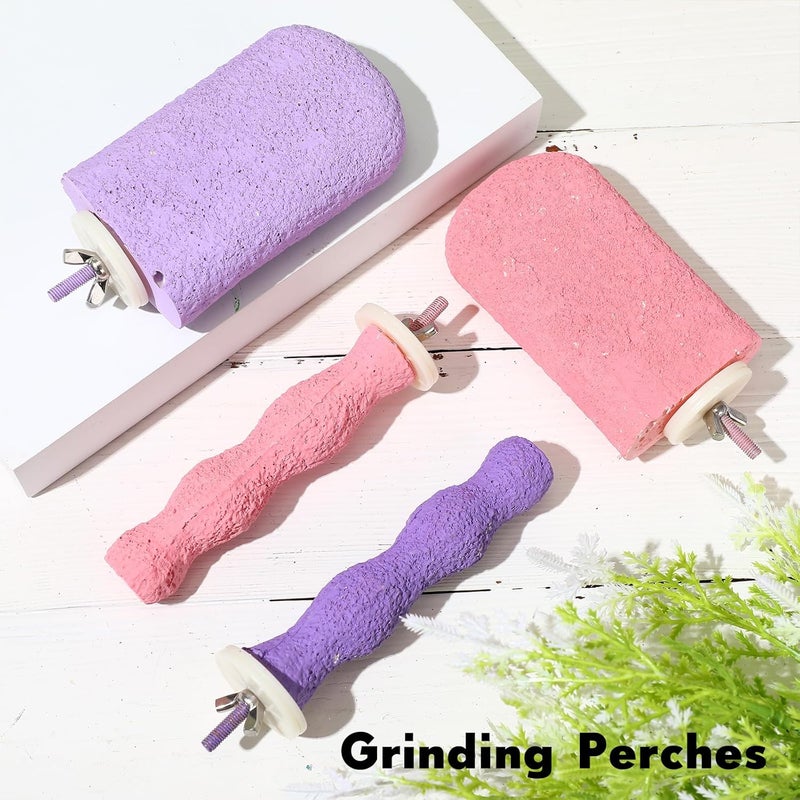 Soulchen 4 Pcs Bird Beak Grinding Calcium Stone Perches Parrot Teeth Mouth Molar Cage Accessories Platform Paw Grinding Sticks Jumping Stand for Macaws Parakeets Finches Cockatiel (Purple,Pink) - Image 3