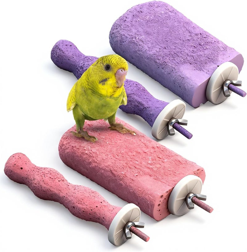 Soulchen 4 Pcs Bird Beak Grinding Calcium Stone Perches Parrot Teeth Mouth Molar Cage Accessories Platform Paw Grinding Sticks Jumping Stand for Macaws Parakeets Finches Cockatiel (Purple,Pink) - Image 1