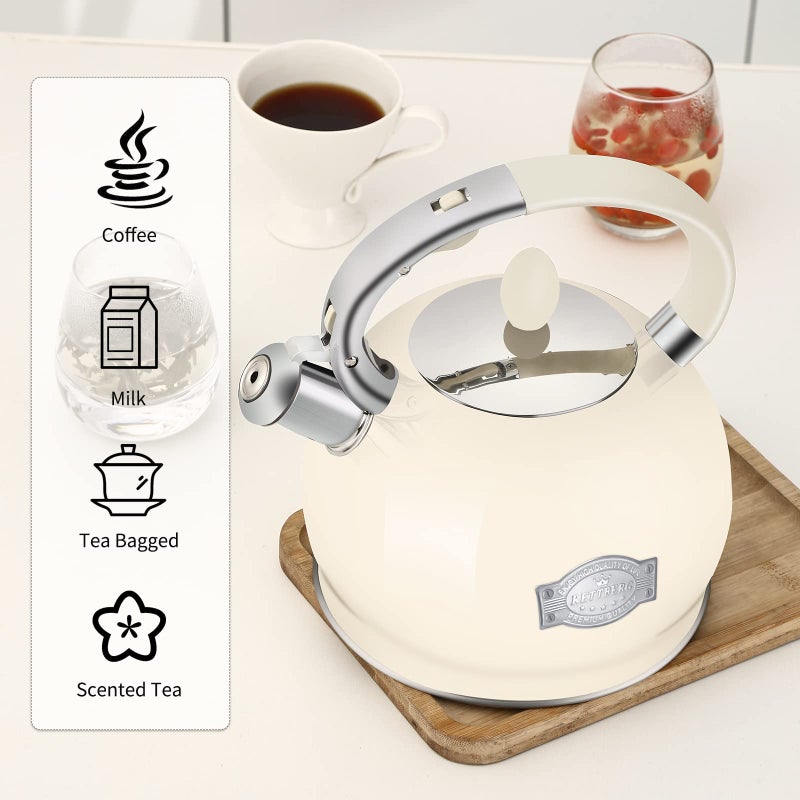 RETTBERG Tea Kettle for Stovetop Induction Whistling Tea Kettles 2.64 Quart Retro Food Grade Stainless Steel Teapots with Cool Touch Handle Cream - Image 5