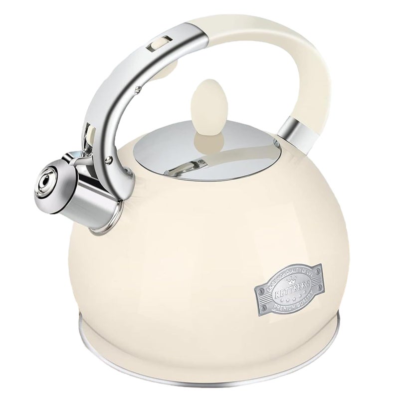 RETTBERG Tea Kettle for Stovetop Induction Whistling Tea Kettles 2.64 Quart Retro Food Grade Stainless Steel Teapots with Cool Touch Handle Cream - Image 1