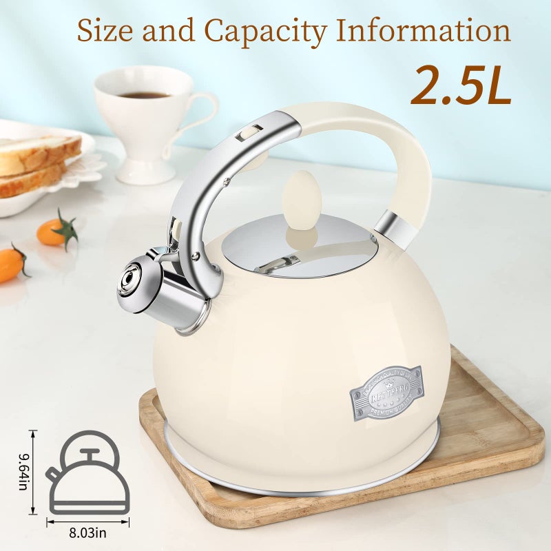 RETTBERG Tea Kettle for Stovetop Induction Whistling Tea Kettles 2.64 Quart Retro Food Grade Stainless Steel Teapots with Cool Touch Handle Cream - Image 2