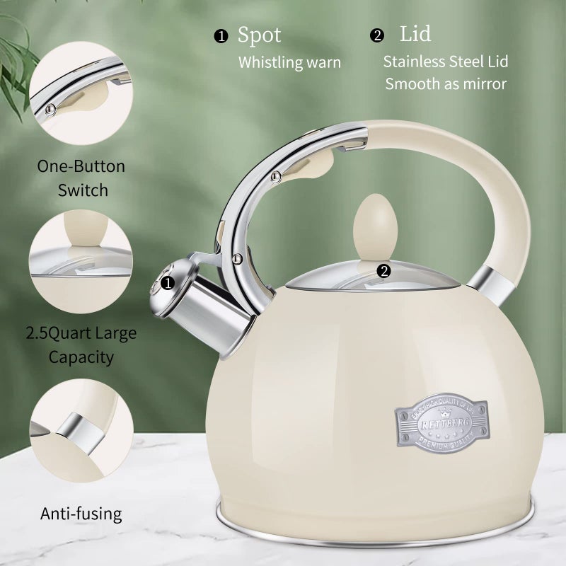 RETTBERG Tea Kettle for Stovetop Induction Whistling Tea Kettles 2.64 Quart Retro Food Grade Stainless Steel Teapots with Cool Touch Handle Cream - Image 3