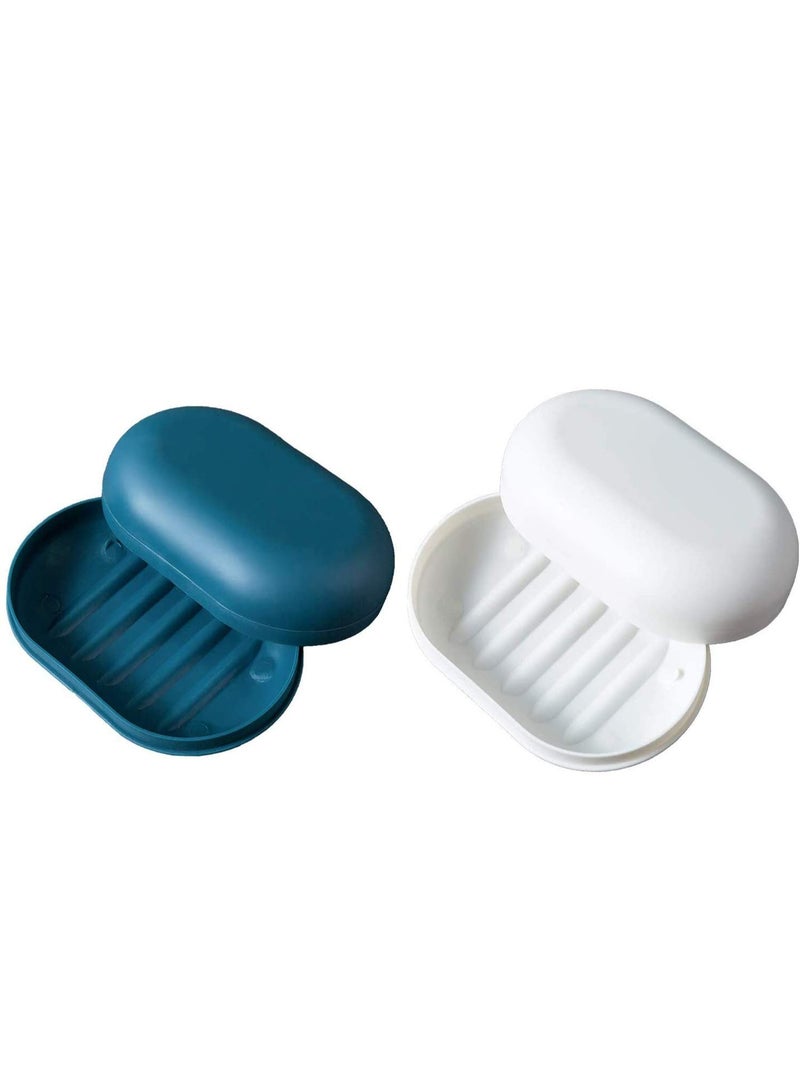 Soap Dish Draining 2 Pieces, Waterproof Travel Soap Box, Plastic Soap Container, Soap Saver with Lid, Lightweight Soap Case for Travel Camp Bathroom Storage, Blue & White - Image 1