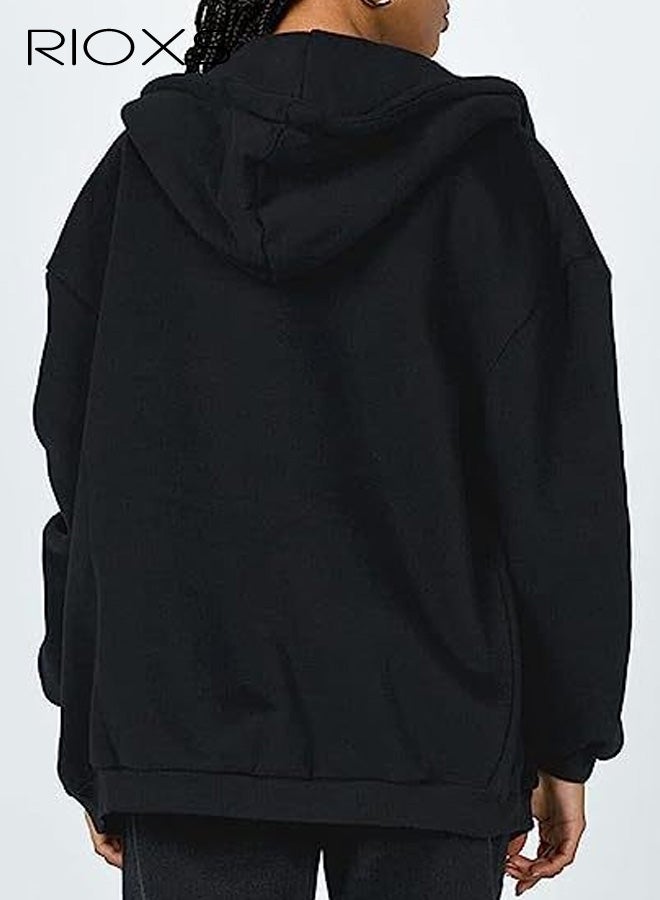 ريوكس سترات نسائية بغطاء رأس وسحاب، بلوزات عصرية فضفاضة بأكمام طويلة للسيدات، سترات رياضية بأكمام طويلة وغطاء رأس وجيوب، سترات مريحة وخفيفة الوزن لملابس الشتاء والخريف للمكتب والحفلات والمدرسة والجري والرياضة والصالة الرياضية والمزيد، أسود - Image 2